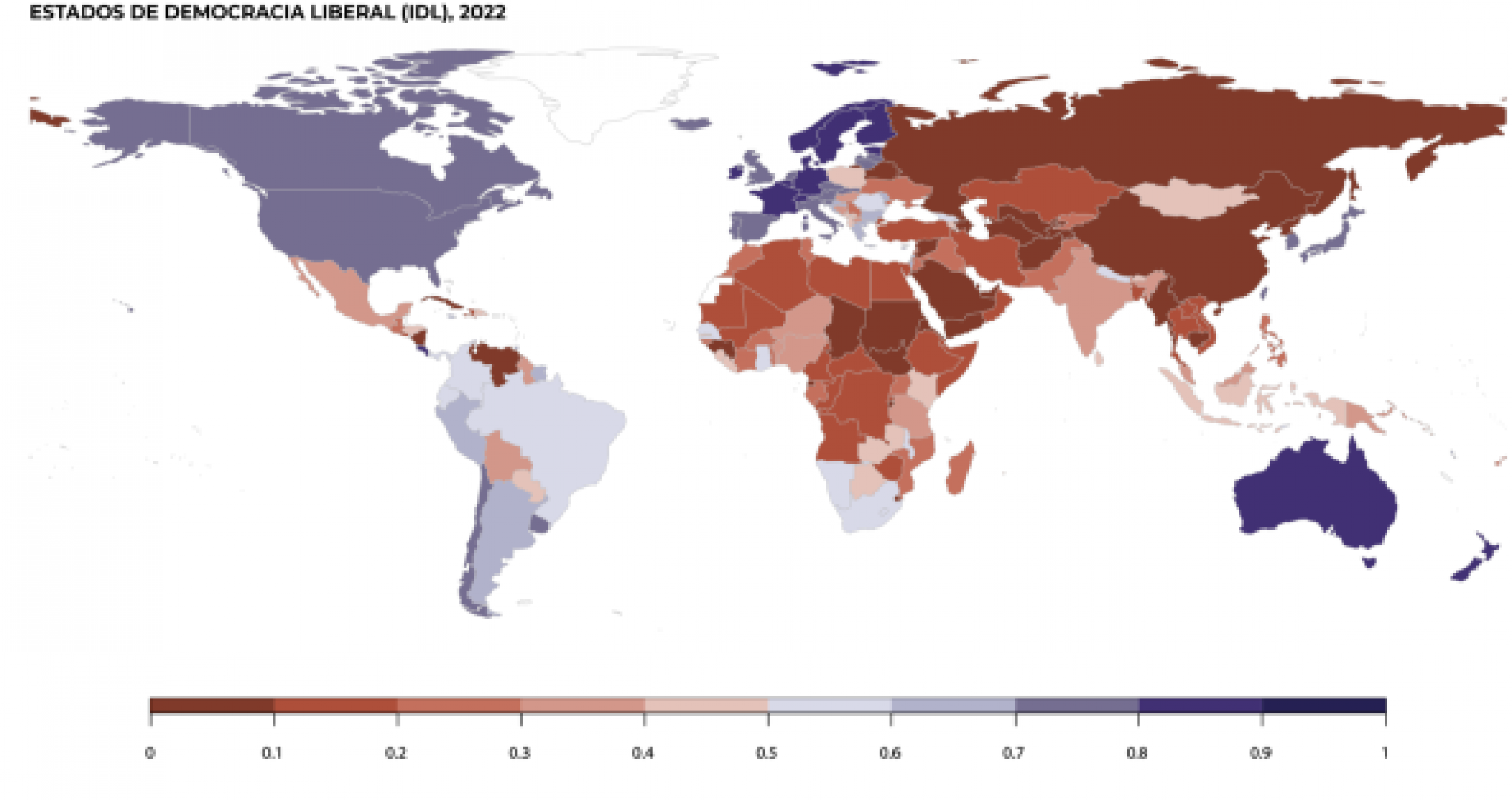 Índice de democracia liberal ao redor do mundo. A graduação vai de 0 (Autocracias fechadas) a 1 (Democracia liberal). Recriação do Comprova para gráfico do Projeto V-Dem. | Jornal NH