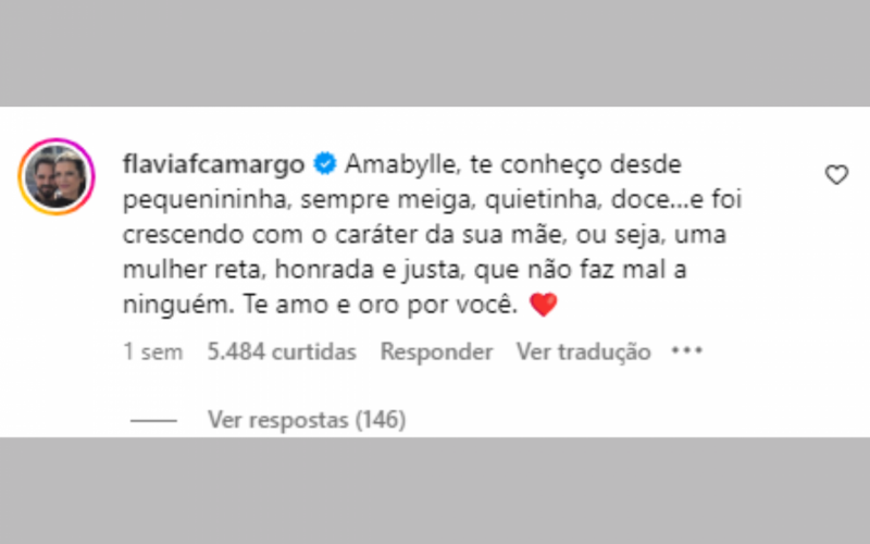 Flávia Camargo comentou publicação de Amabylle | Jornal NH