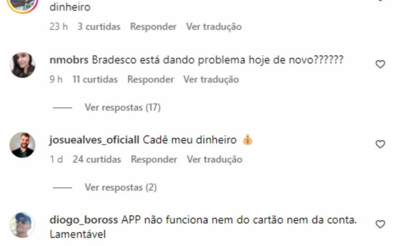 Clientes comentaram na Ãºltima postagem do Instagram do Bradesco sobre contas