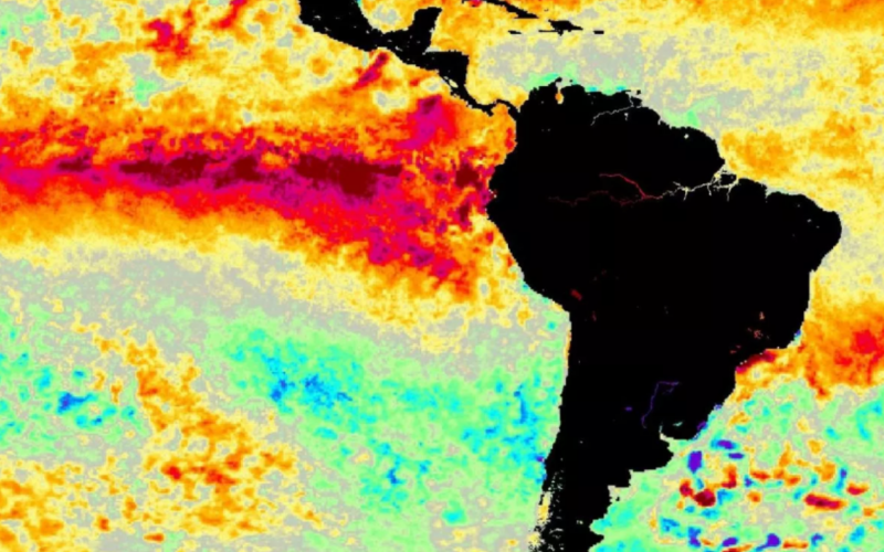 Áreas em amarelo, laranja e vermelho indicam onde águas são mais quentes do que a média histórica, com El Niño em construção | Jornal NH