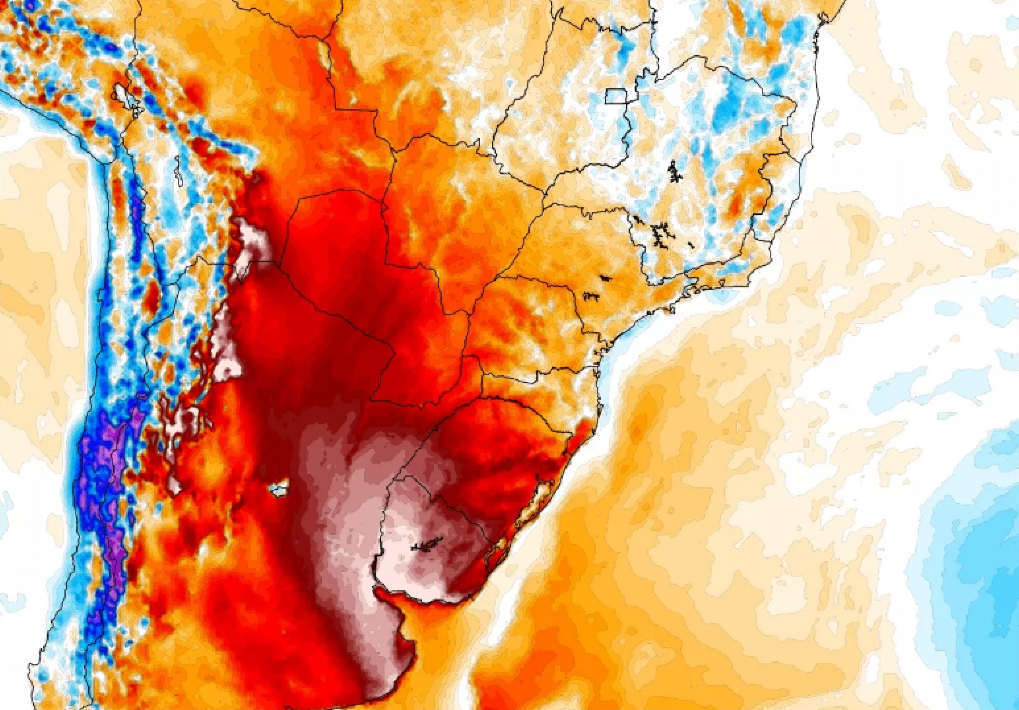 Mapa mostra temperatura 10ºC a 15ºC acima da média nesta sexta entre o Oeste gaúcho, o Uruguai e o Centro da Argentina pelo ar muito quente trazido pela corrente de jato em baixos níveis | abc+