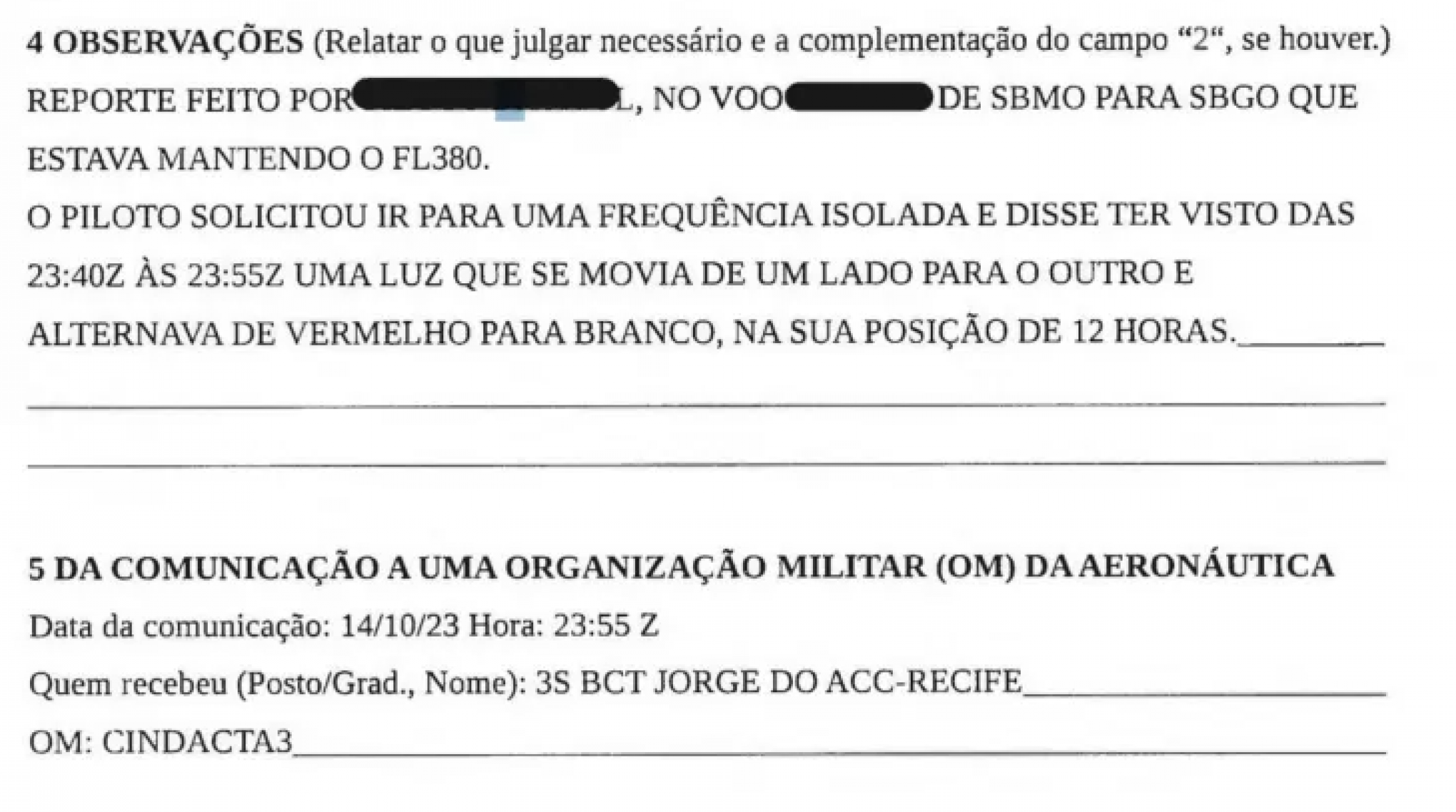 Documentos com relatos de pilotos brasileiros sobre OVNIs são revelados