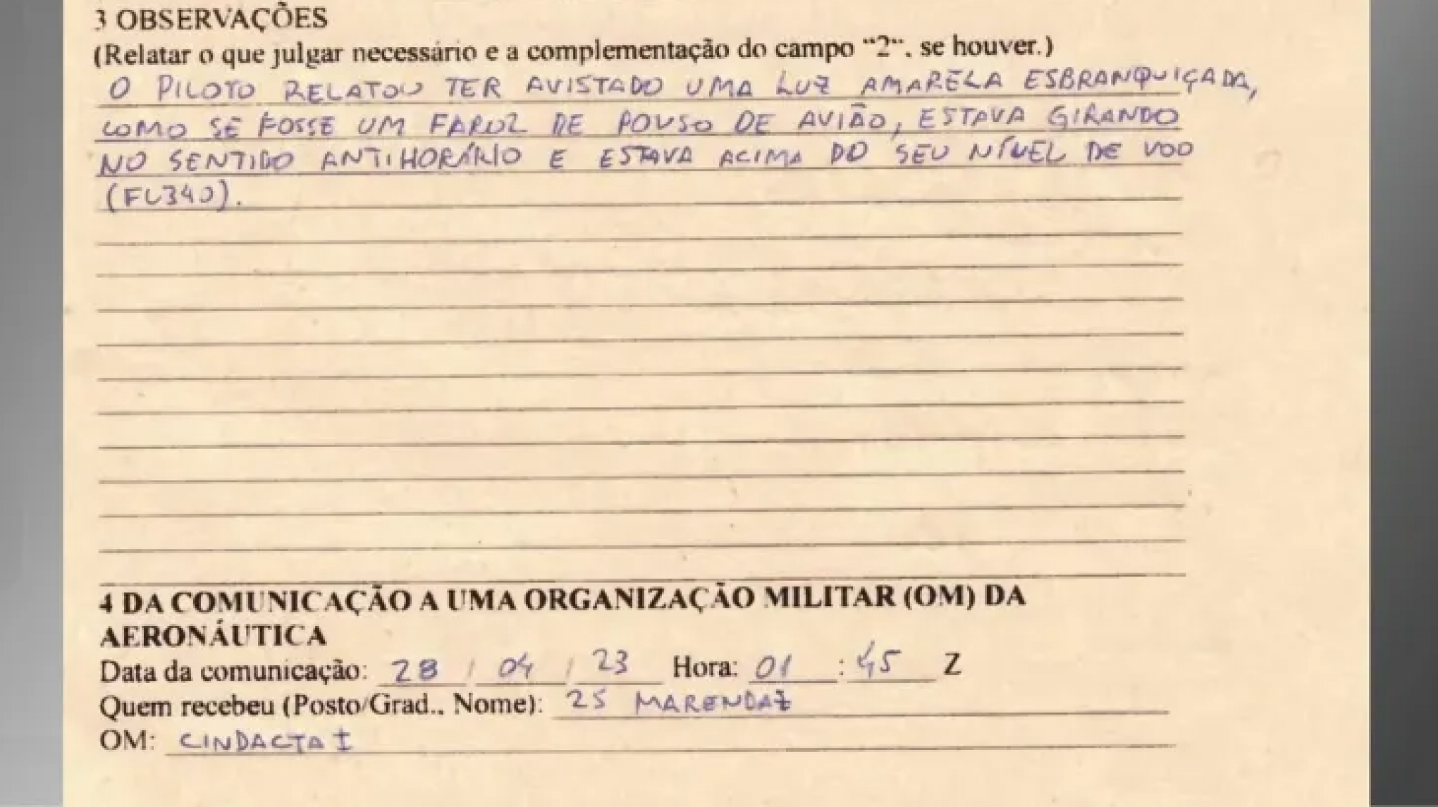 Documentos com relatos de pilotos brasileiros sobre OVNIs são revelados