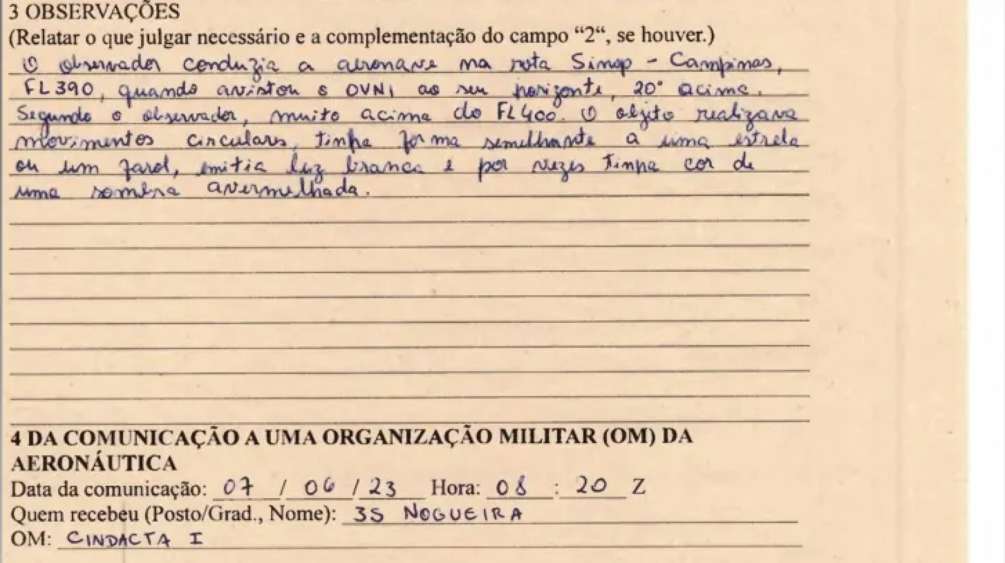 Documentos com relatos de pilotos brasileiros sobre OVNIs são revelados