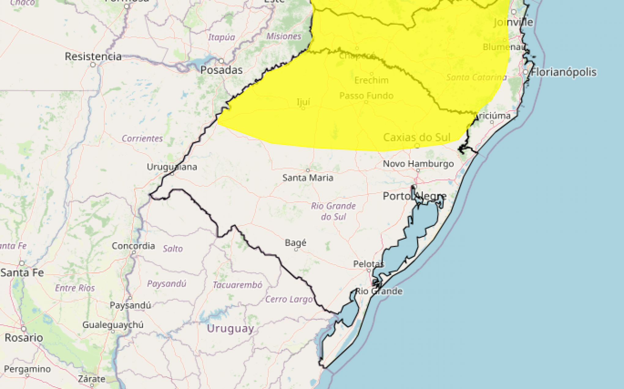 No Rio Grande do Sul, apenas o norte do território está incluído no alerta