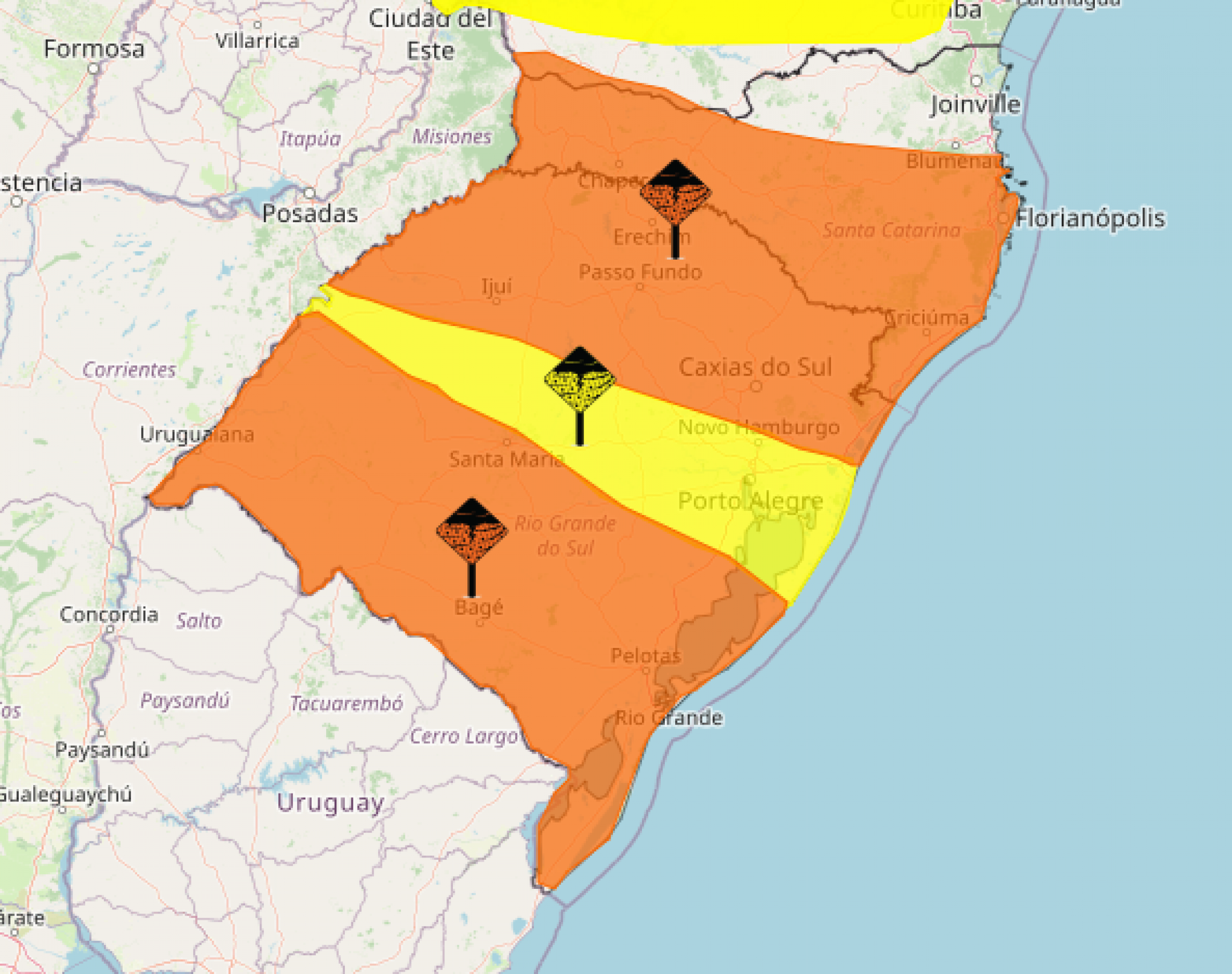 PREVISÃO DO TEMPO: RS tem 3 alertas do Inmet para tempestades com vento de até 100 km/h e granizo