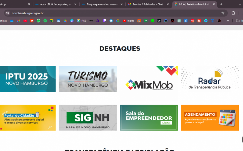 2 - Em seguida, desça na página até a categoria "DESTAQUES" e clique em "IPTU 2025 NOVO HAMBURGO" | abc+