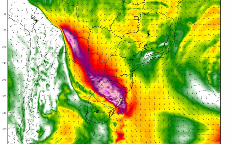 Mapa mostra o corredor de vento em baixos níveis da atmosfera, que se estende da Bolívia até o RS | abc+